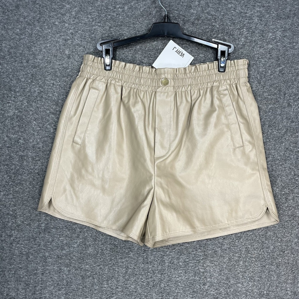 NWT Very J vegan leather shorts Women's L Brown Tan 3" Inseam Elastic Waist